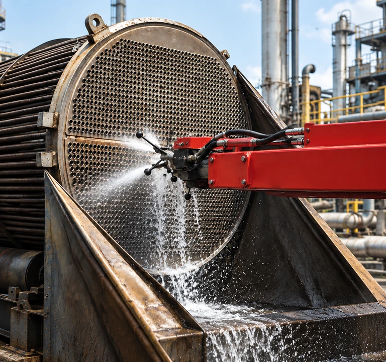 High-pressure internal cleaning of a heat exchanger tube bundle